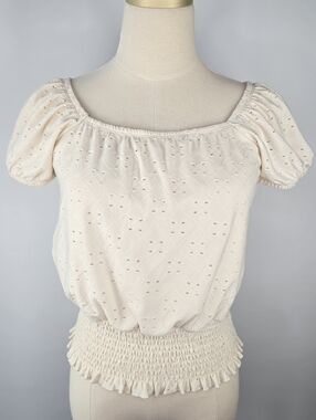 No Comment NY LA Eyelet Puff Sleeve Smocked Waist Crop Top Cream Juniors Size M